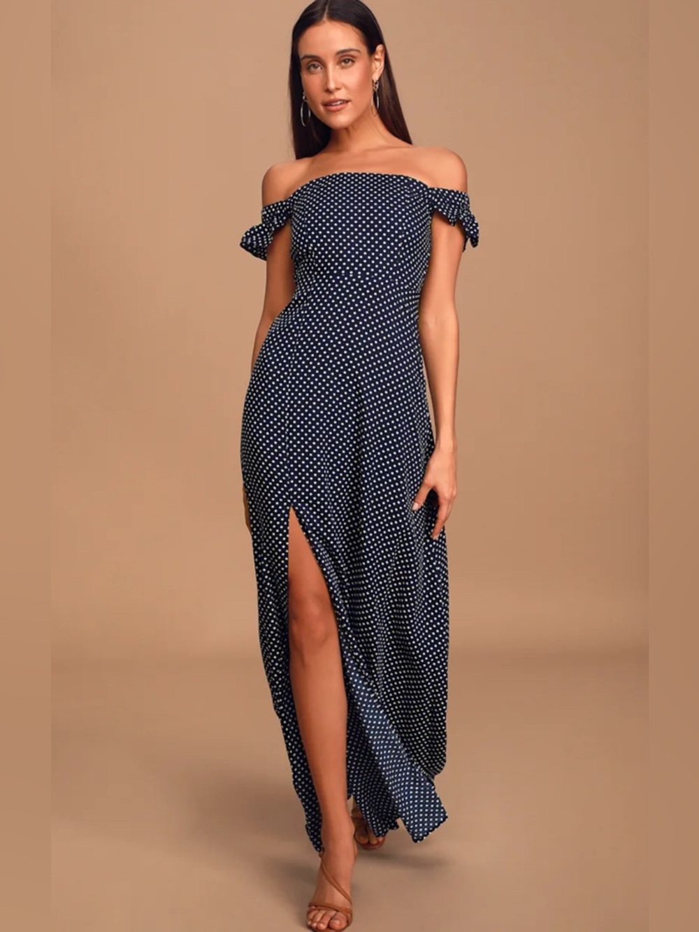 Lulu's Navy Polka Dot Maxi Dress with Ruffle Straps